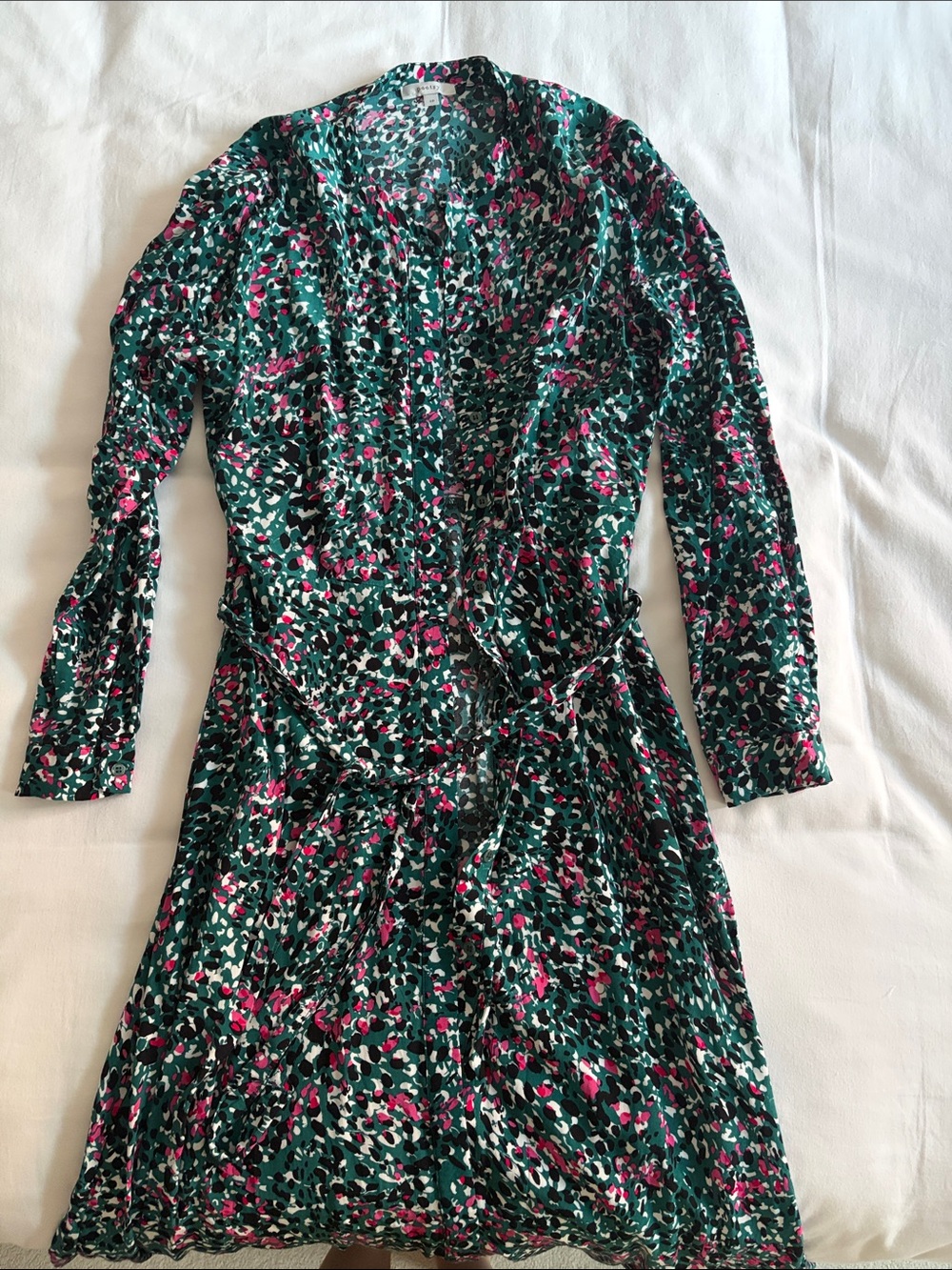 Teal, Pink, White and Black Long Sleeve Dress With Buttons and Belt